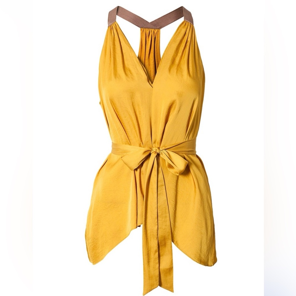 BCBG Golden Yellow Flowy Halter Top XS Tie Back Boho Chic